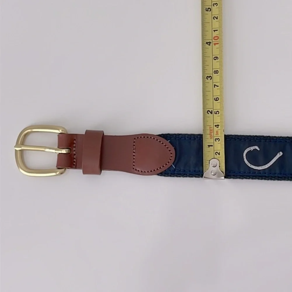 Leather Man Ltd. Fish and Hook navy blue ribbon & leather‎ belt. Brass buckle.